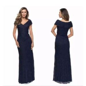 La Femme Off The Shoulder Lace Evening Gown in Navy Sz 8